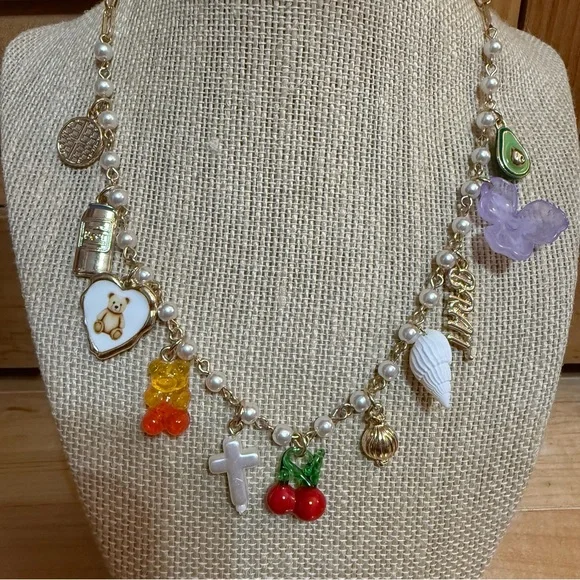 Gold-Tone Y2K Charm Necklace with Multicolor Charms - Picture 2 of 3